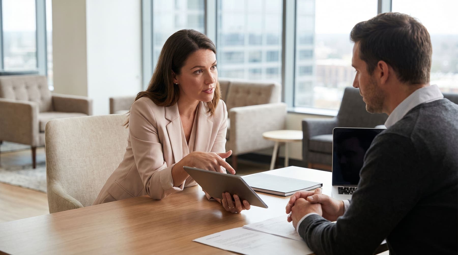 Recruiter guiding a candidate through next steps in a professional setting.