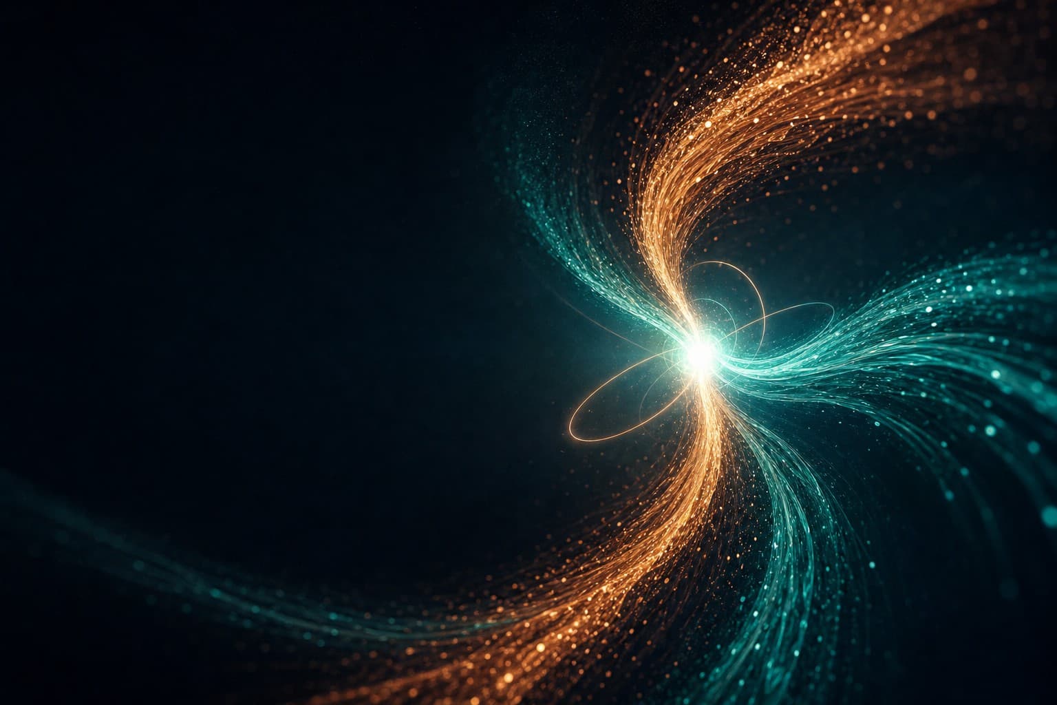 Streams of copper and teal light converging into a single radiant core.
