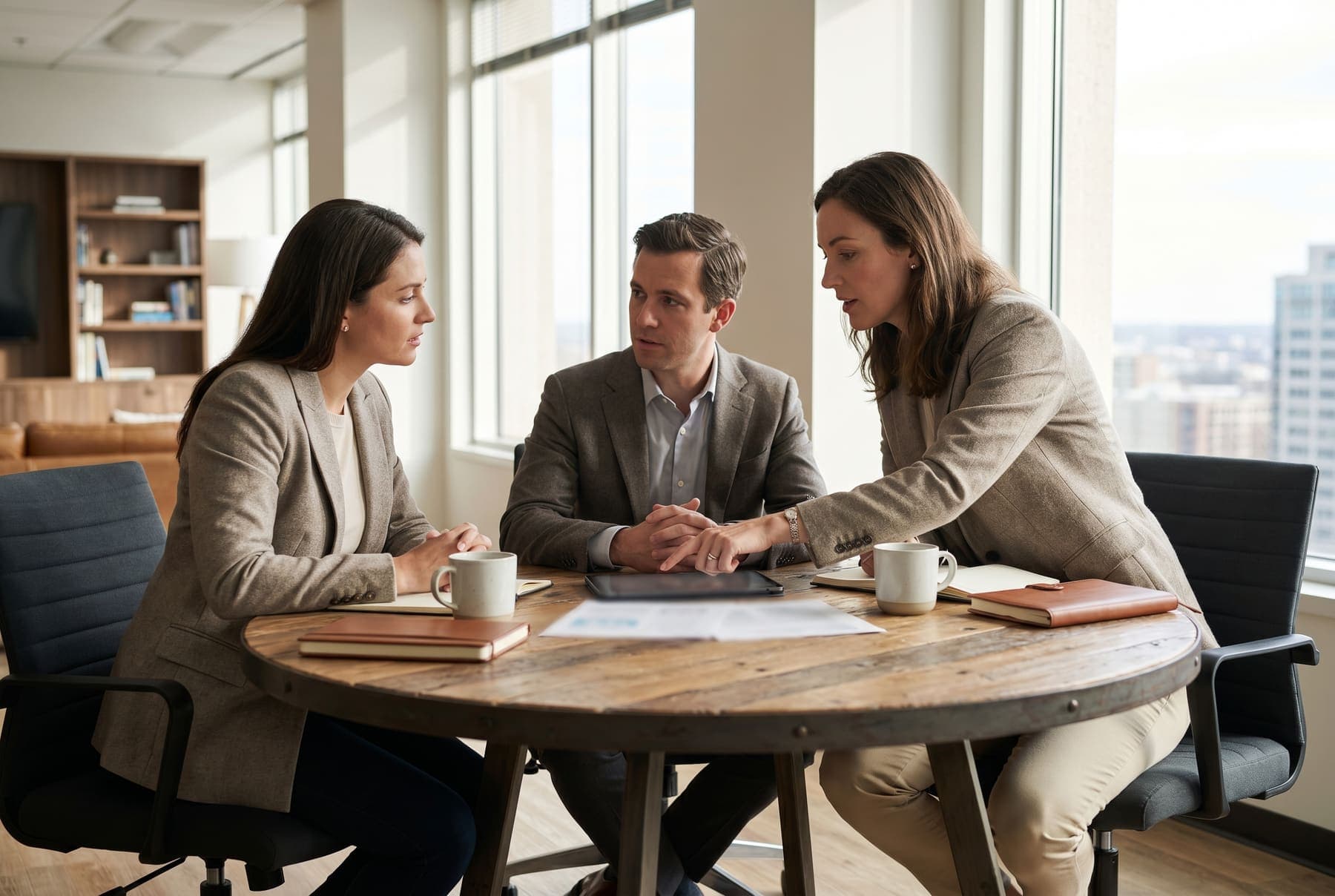 Professionals in a focused working conversation in a modern office.